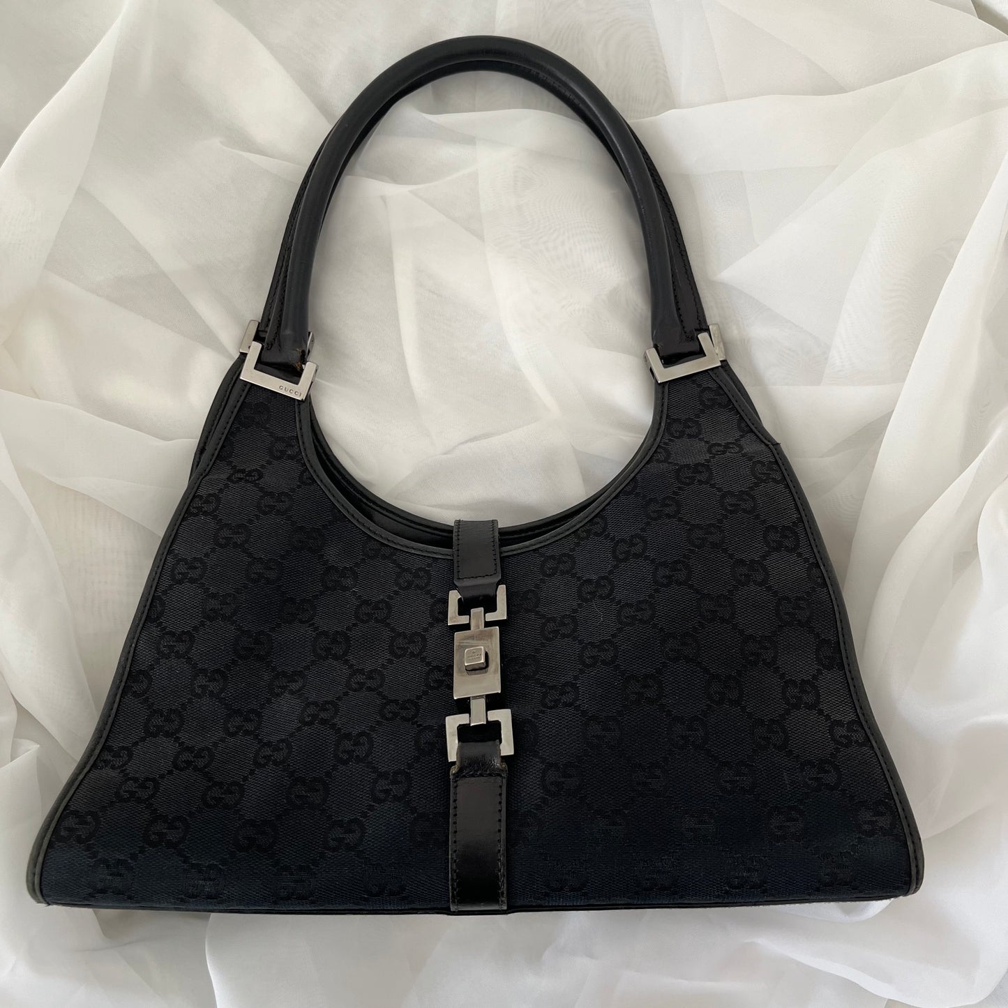 Gucci Black Double GG Canvas Jackie Bardot Shoulder Bag