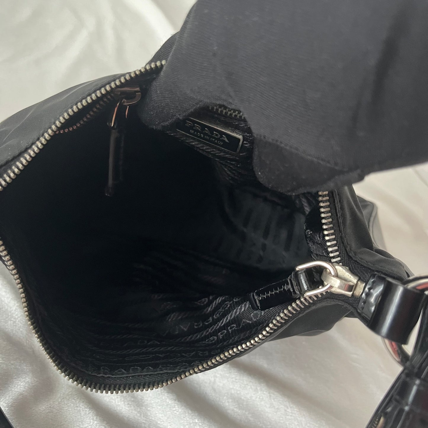 Prada Nylon Patent Leather One
Shoulder Bag Black