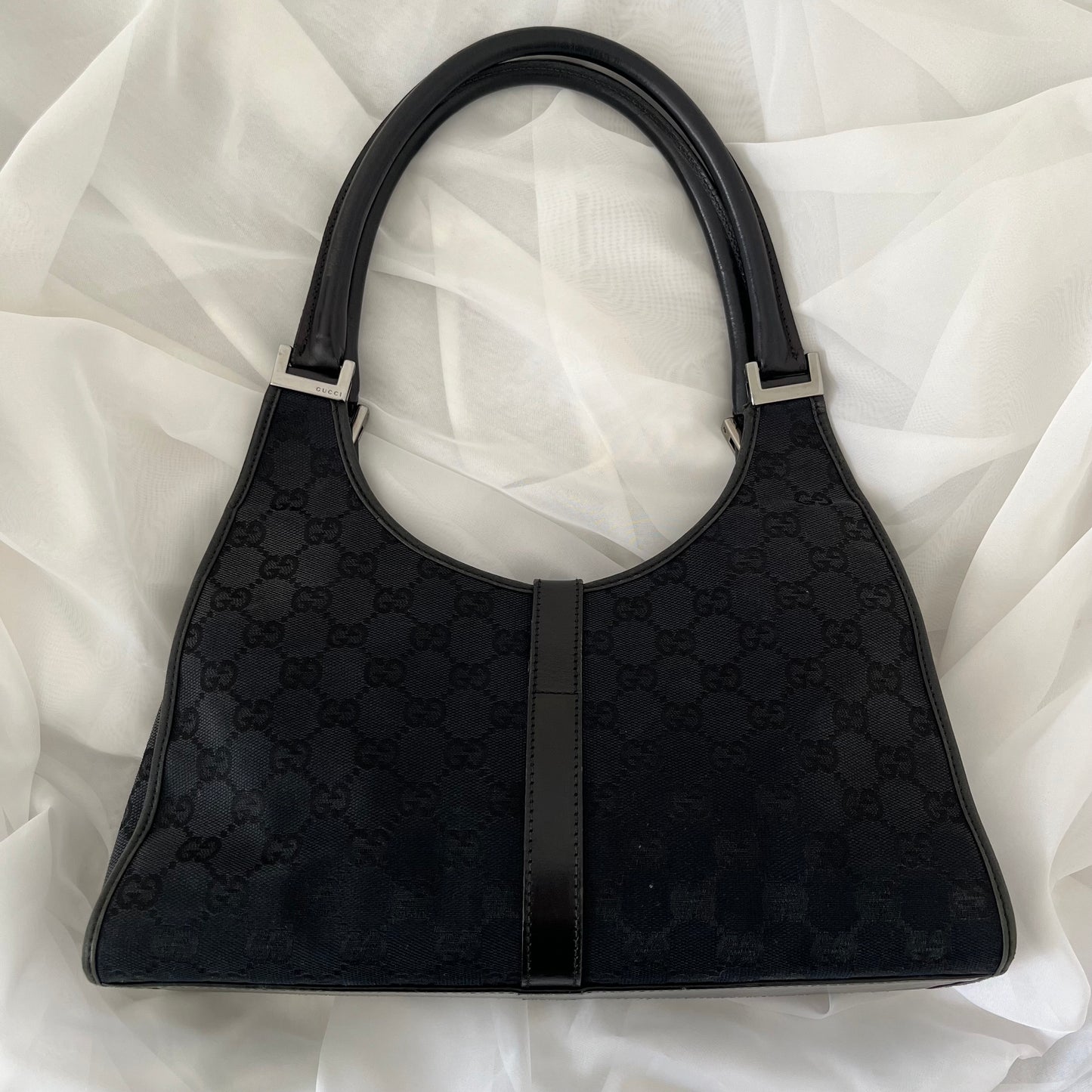 Gucci Black Double GG Canvas Jackie Bardot Shoulder Bag