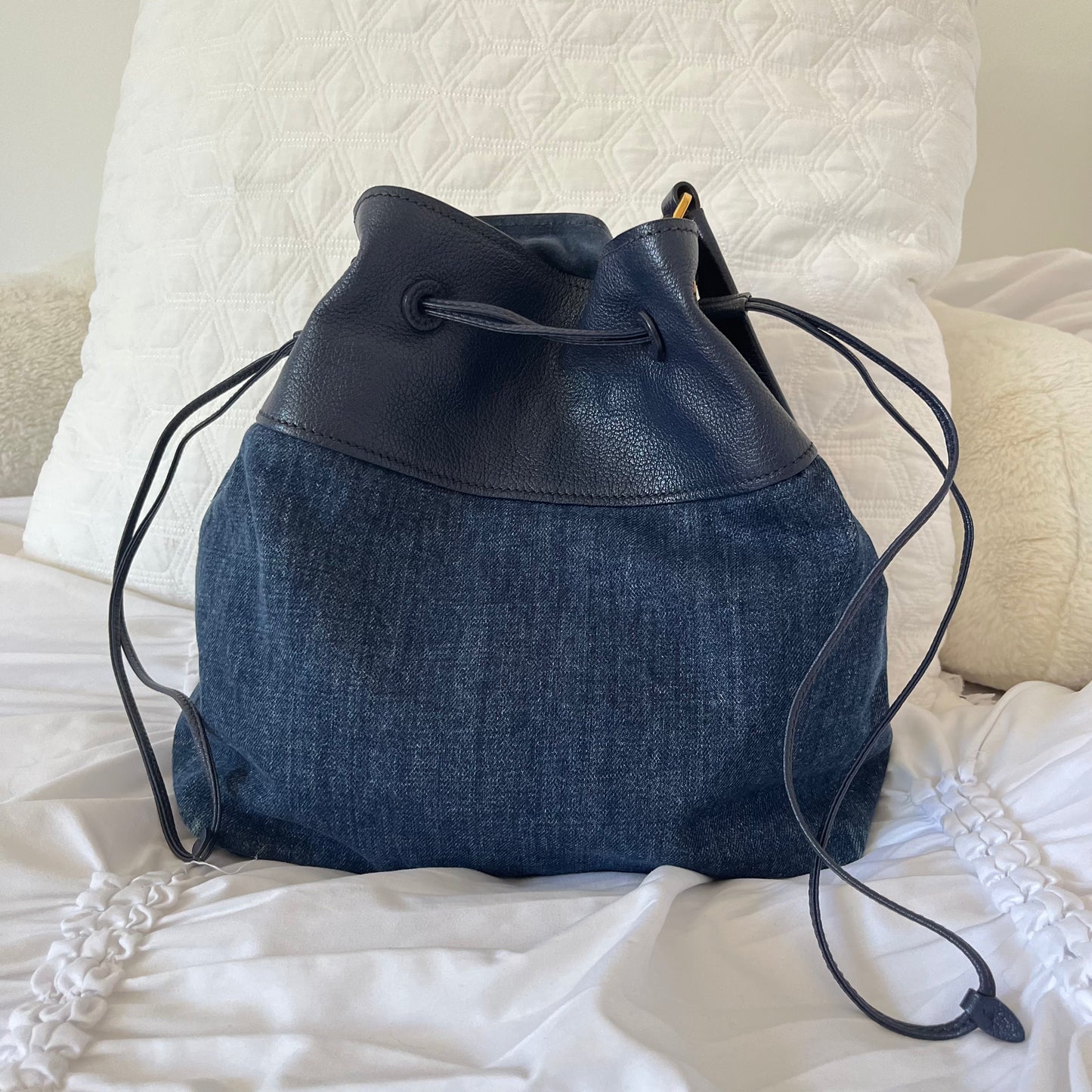 Miu Miu Leather Denim Drawstring Shoulder Bag