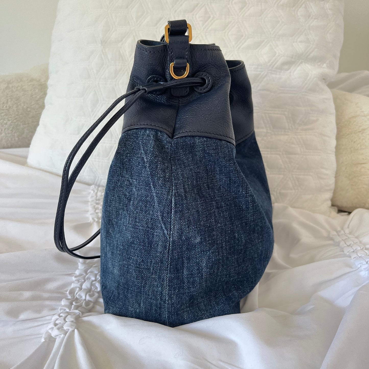Miu Miu Leather Denim Drawstring Shoulder Bag