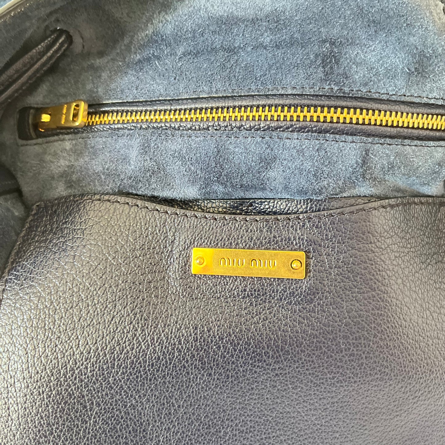 Miu Miu Leather Denim Drawstring Shoulder Bag
