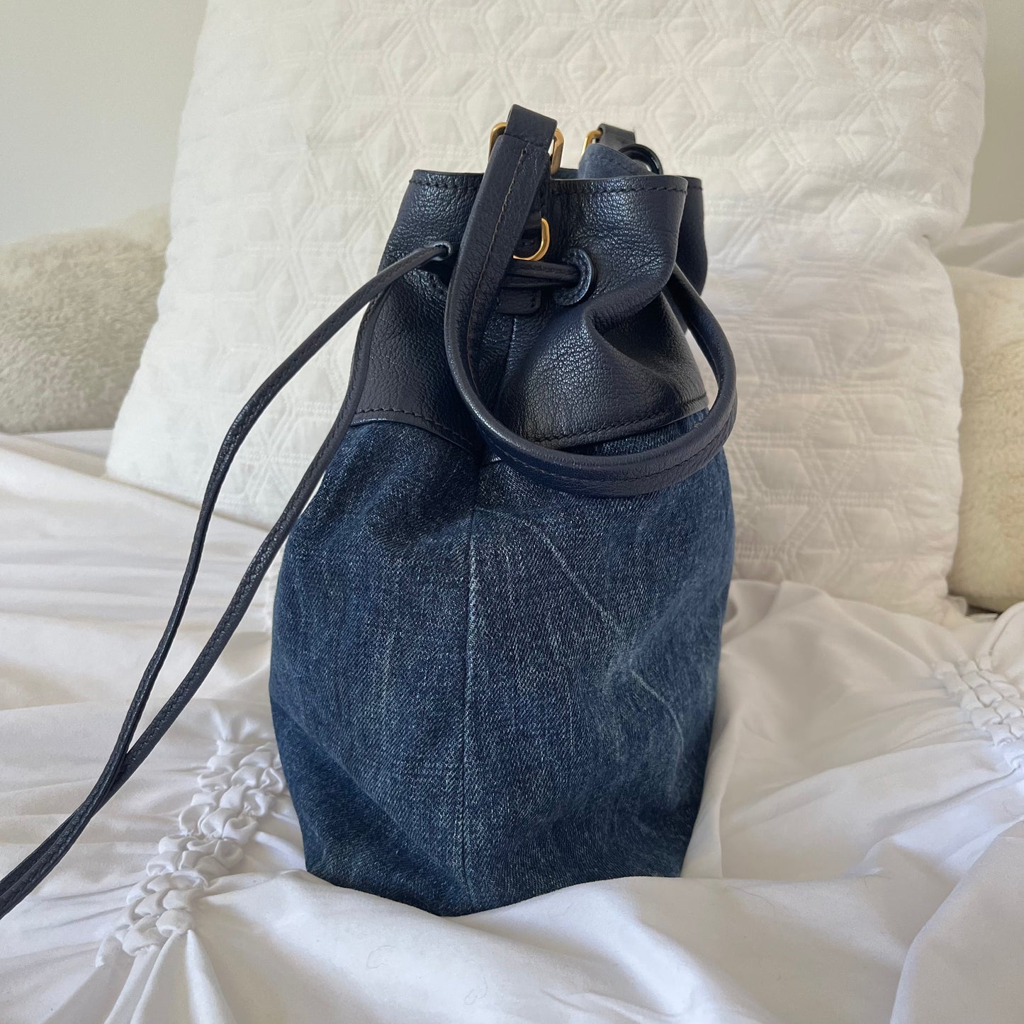 Miu Miu Leather Denim Drawstring Shoulder Bag