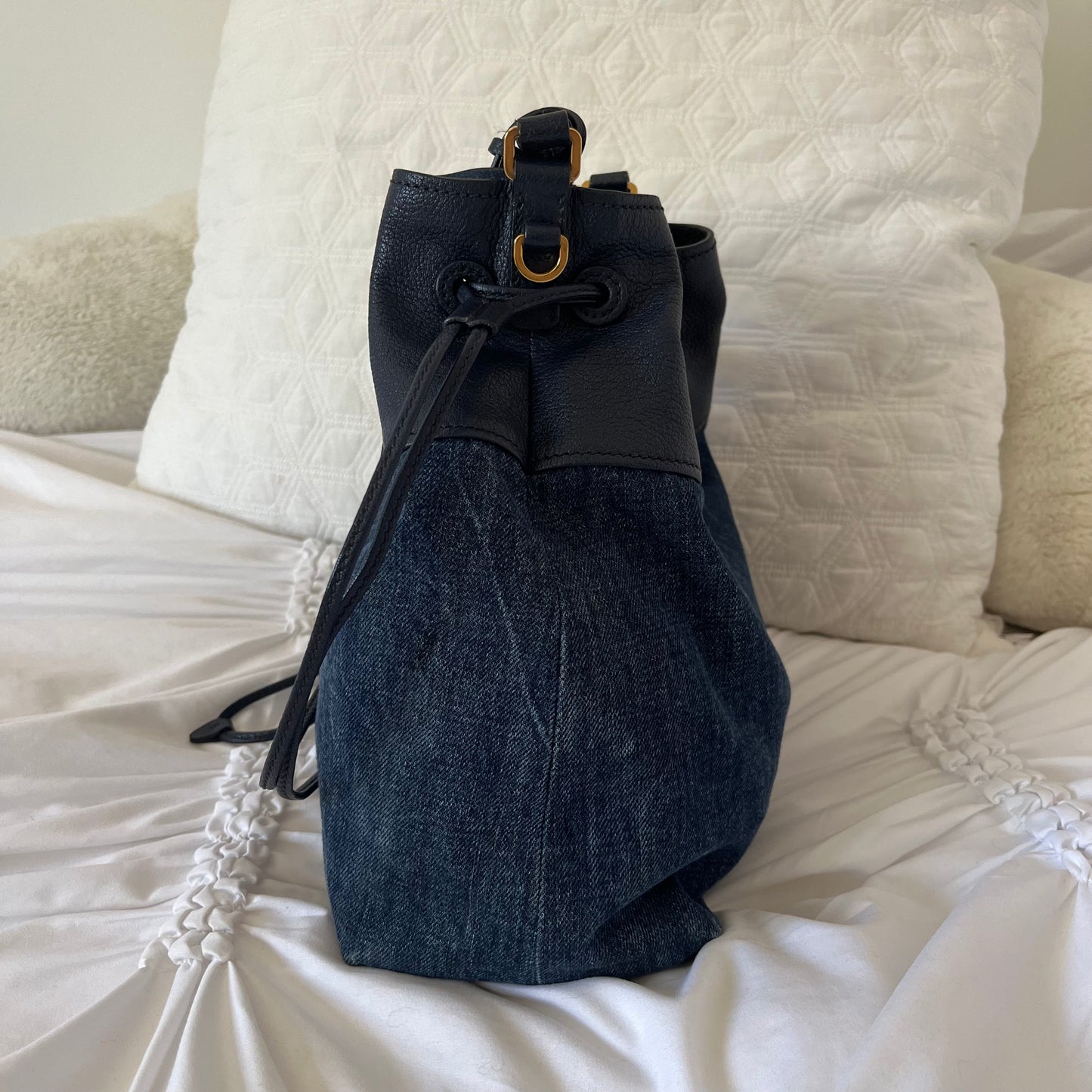Miu Miu Leather Denim Drawstring Shoulder Bag