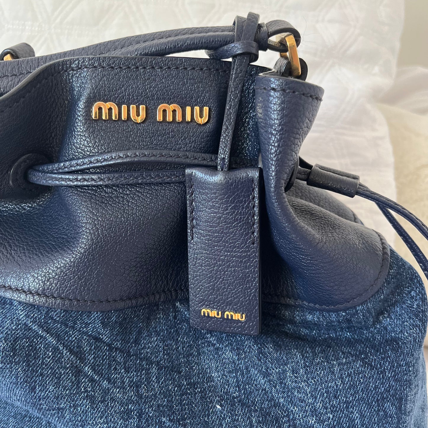 Miu Miu Leather Denim Drawstring Shoulder Bag