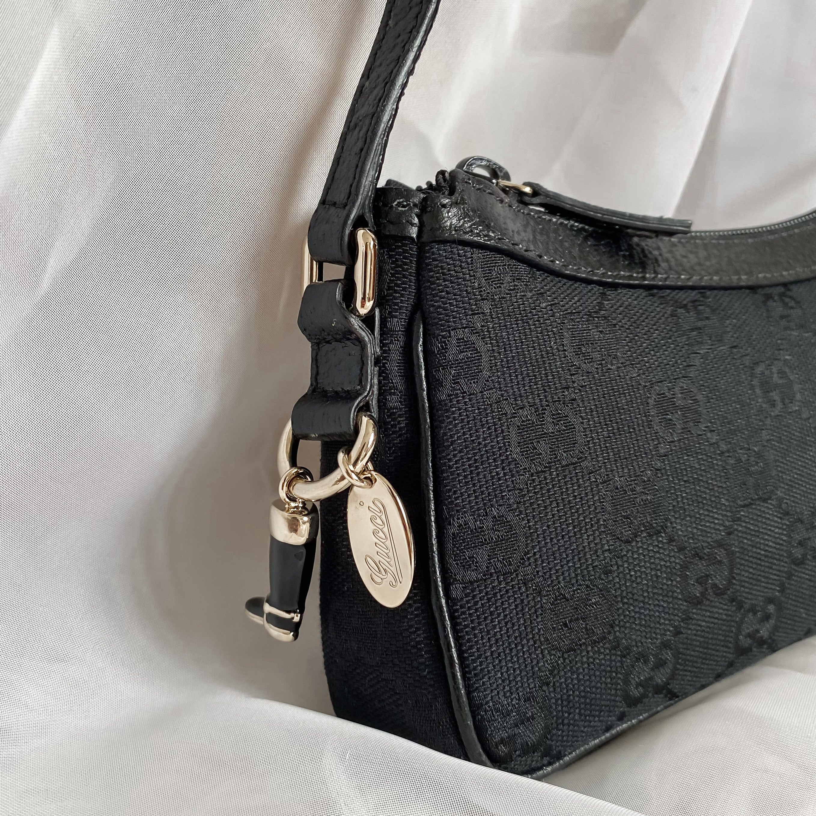 GUCCI BLACK SATIN MINI CHARM CHAIN POCHETTE