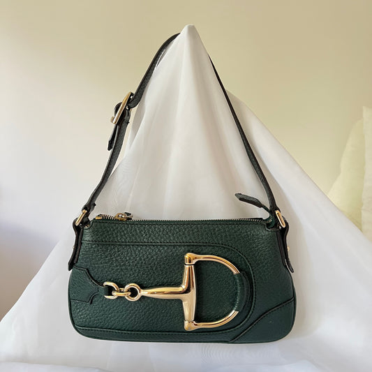 Gucci Green Textured Leather Horsebit Pochette