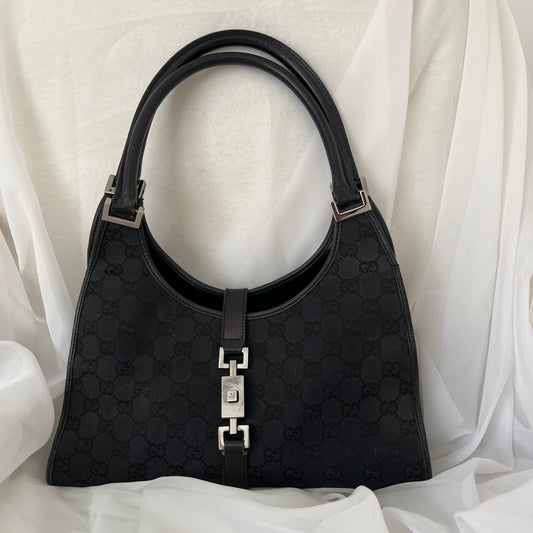 Gucci Black Double GG Canvas Jackie Bardot Shoulder Bag