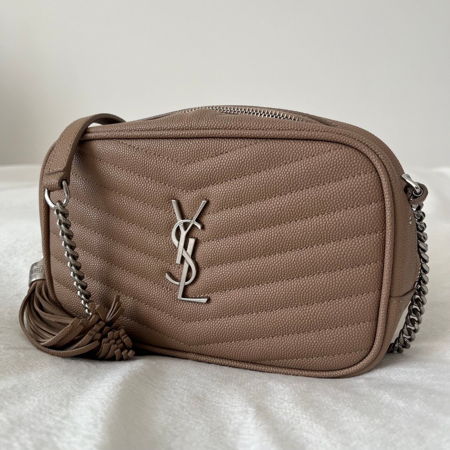 Saint Laurent Grain De Poudre Matelasse Monogram Mini Lou Camera Bag Dark Beige