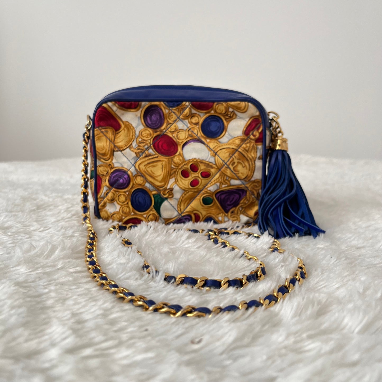 Chanel Silk Gripoix Jewel Print Tassel Chain Crossbody Bag