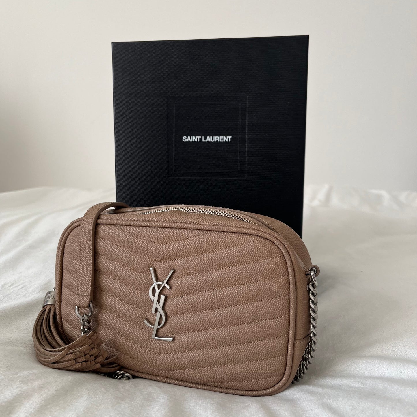 Saint Laurent Grain De Poudre Matelasse Monogram Mini Lou Camera Bag Dark Beige