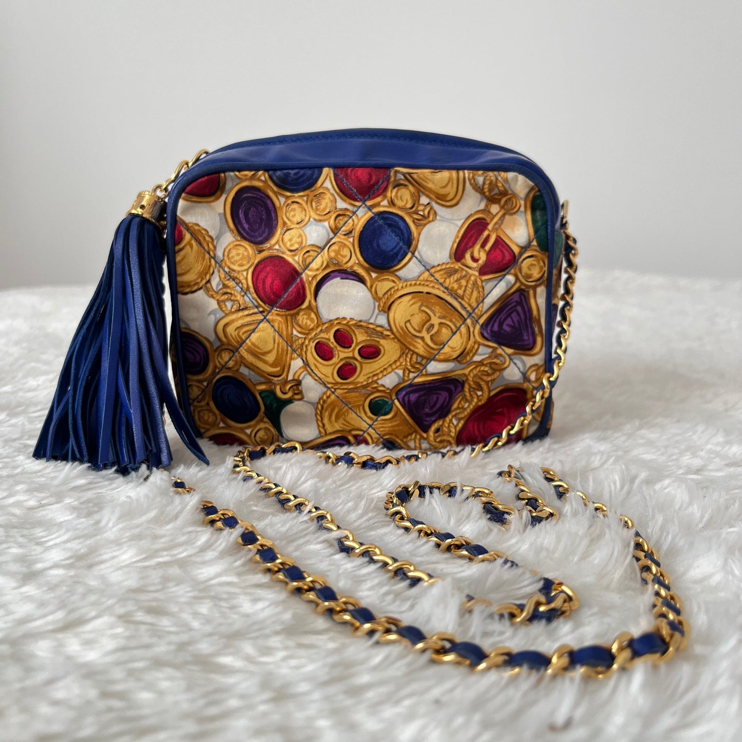 Chanel Silk Gripoix Jewel Print Tassel Chain Crossbody Bag