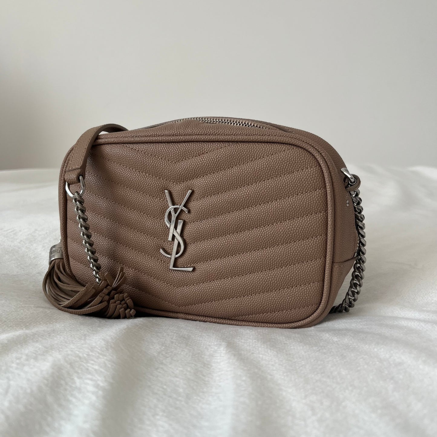 Saint Laurent Grain De Poudre Matelasse Monogram Mini Lou Camera Bag Dark Beige