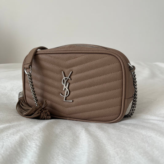 Saint Laurent Grain De Poudre Matelasse Monogram Mini Lou Camera Bag Dark Beige