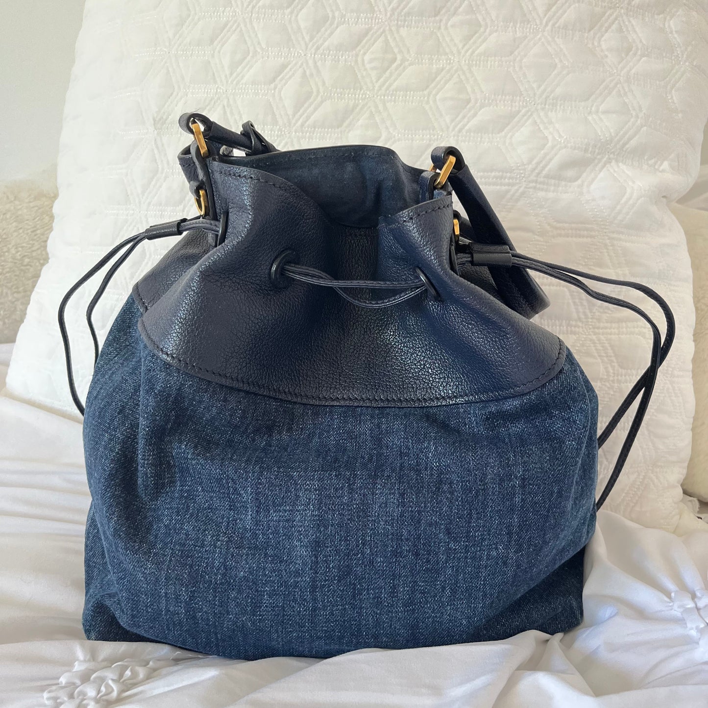 Miu Miu Leather Denim Drawstring Shoulder Bag