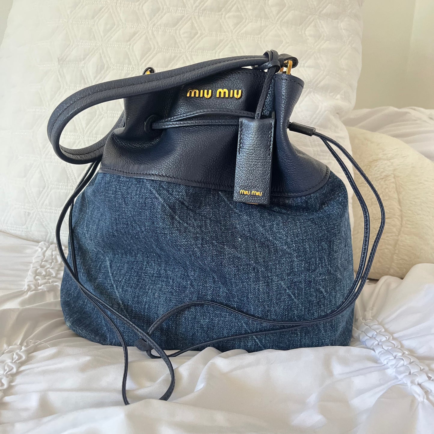 Miu Miu Leather Denim Drawstring Shoulder Bag