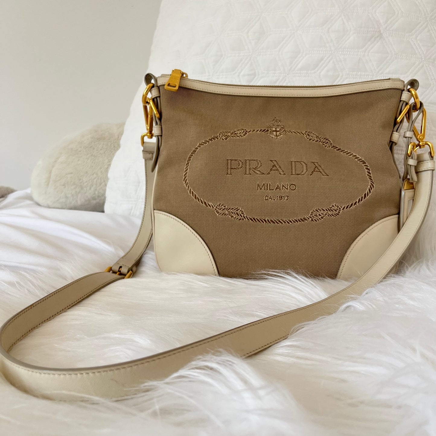 Prada Jacquard Canvas Leather Shoulder Bag