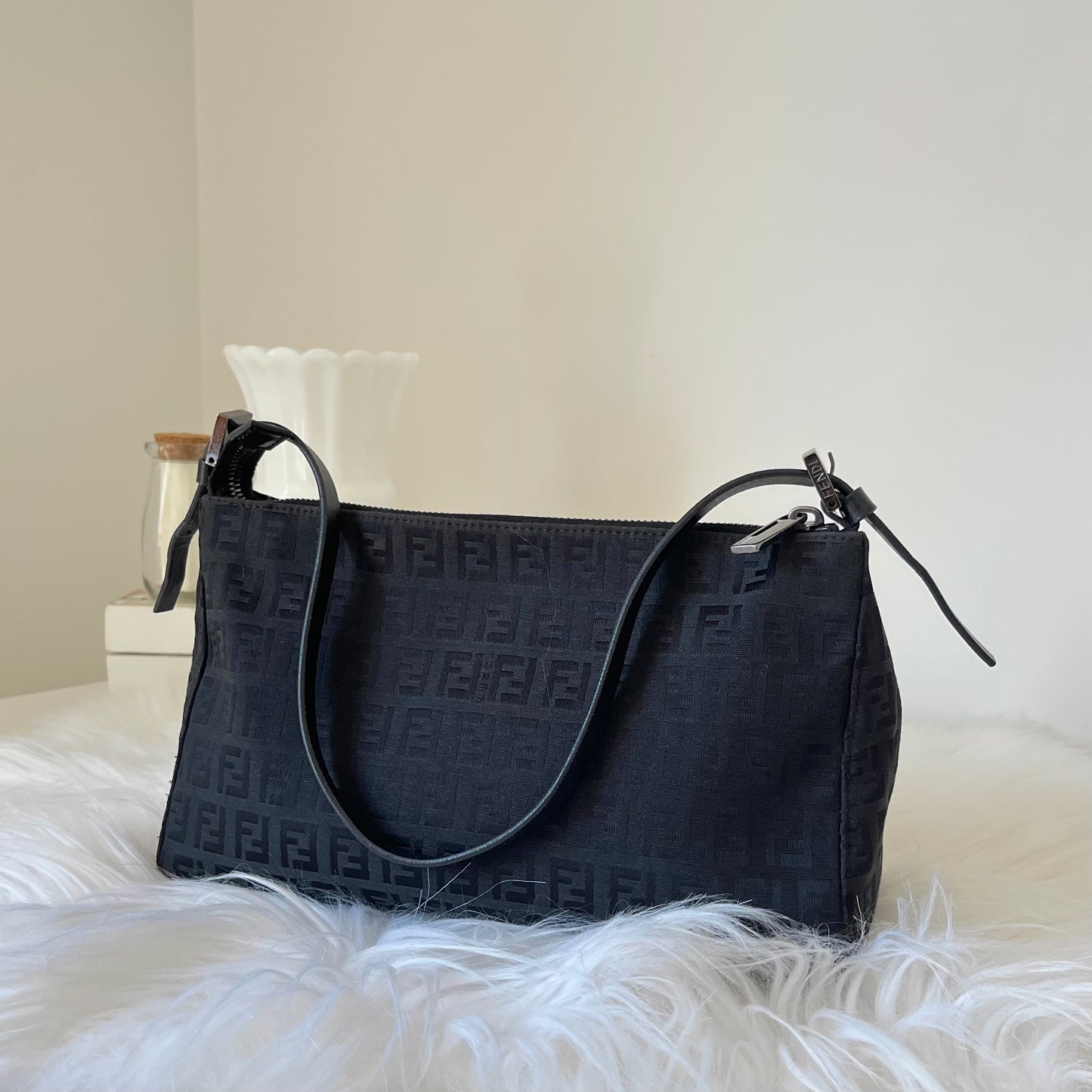 Fendi Women's Bag Black Zucchino Mini Pochette Handbag Purse Logo Leather  Strap